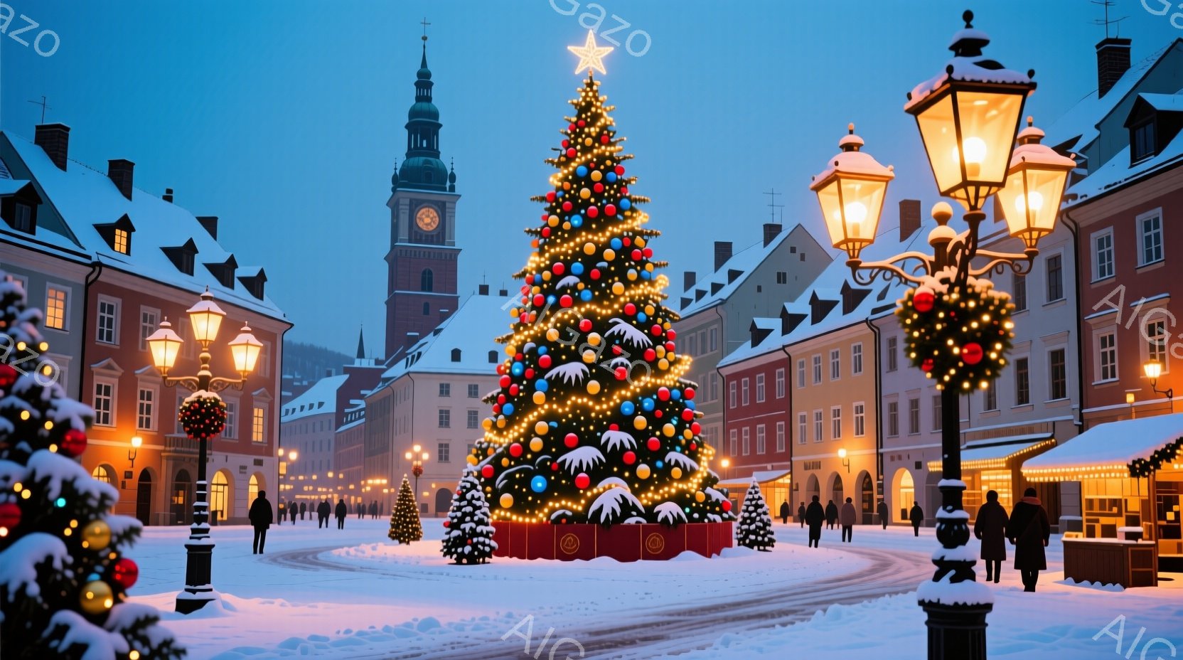 凍てつく冬の街並みが、クリスマスツリーの温かい光で照らされています。建物は雪に覆われ、装飾されたクリスマスツリーと街灯が、暖かく華やかな雰囲気を醸し出しています。人々は冬のコートを着て散歩しており、穏 - AI生成フリー素材