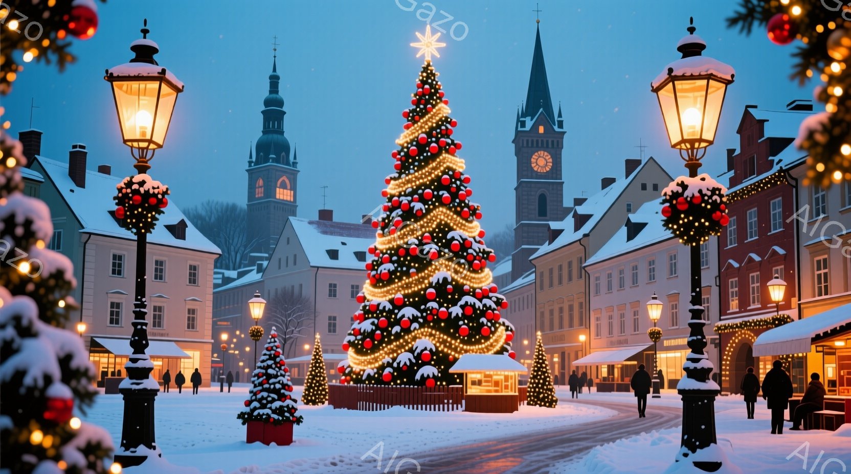 雪が降り積もるヨーロッパの街並みが描かれており、中央には巨大なクリスマスツリーが輝いている。人々はコートや帽子を着用し、歩いたり立ち話をしたりして、穏やかなクリスマスの雰囲気を楽しんでいるように見える - AI生成フリー素材