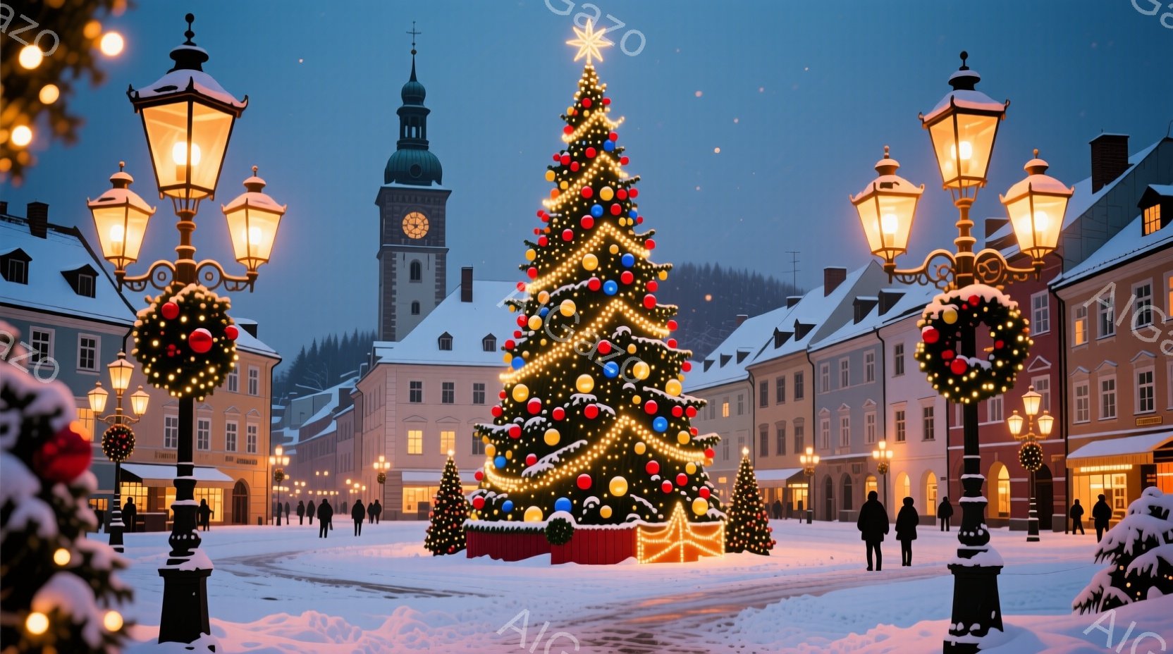 広場の中央には、カラフルなオーナメントと光で飾られた巨大なクリスマスツリーがそびえ立っています。周囲には雪に覆われた建物が並び、石畳の道には数人の人がコートを着て散歩を楽しんでいます。暗い空と雪景色が - AI生成フリー素材