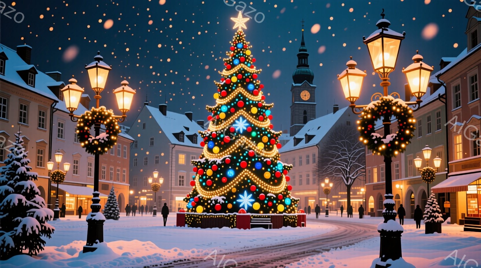 街の中心に高くそびえ立つクリスマスツリーが印象的な光景です。雪が降り積もり、建物は雪化粧をしています。人々は冬の装いをしており、穏やかな表情で歩き、クリスマスシーズンを楽しむ雰囲気が漂っています。 - AI生成フリー素材