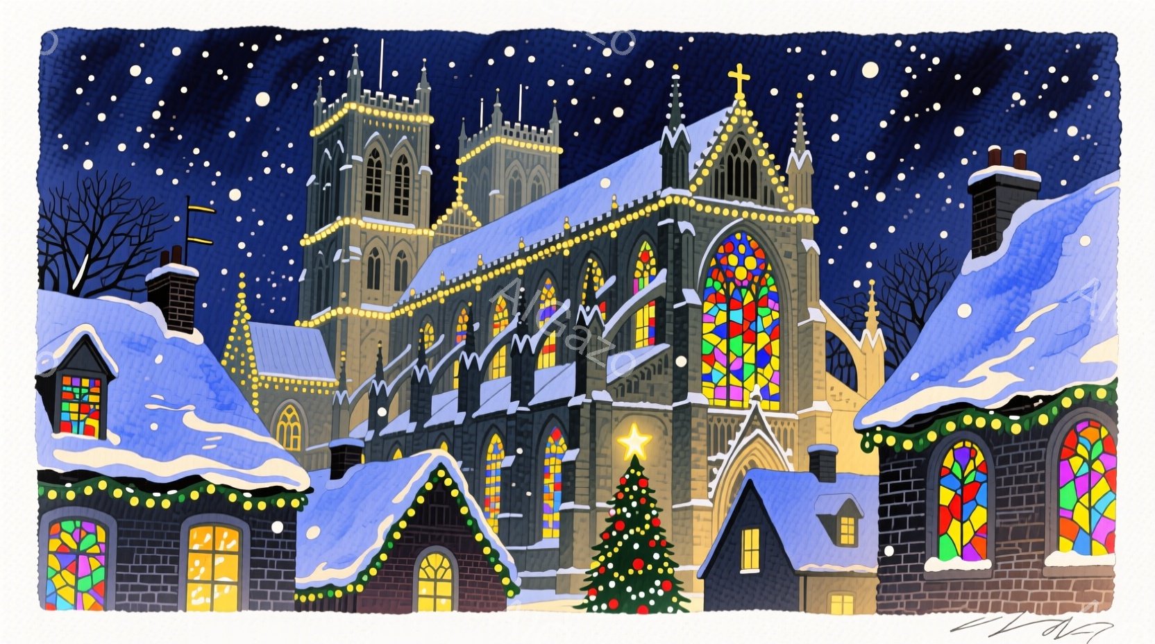 雪が降る夜の、ライトアップされた教会と家々が描かれています。教会はゴシック様式で、ステンドグラスから暖かな光が漏れ、周りの家々も同様に光を灯し、クリスマスの雰囲気を醸し出しています。背景には雪に覆われ - AI生成フリー素材