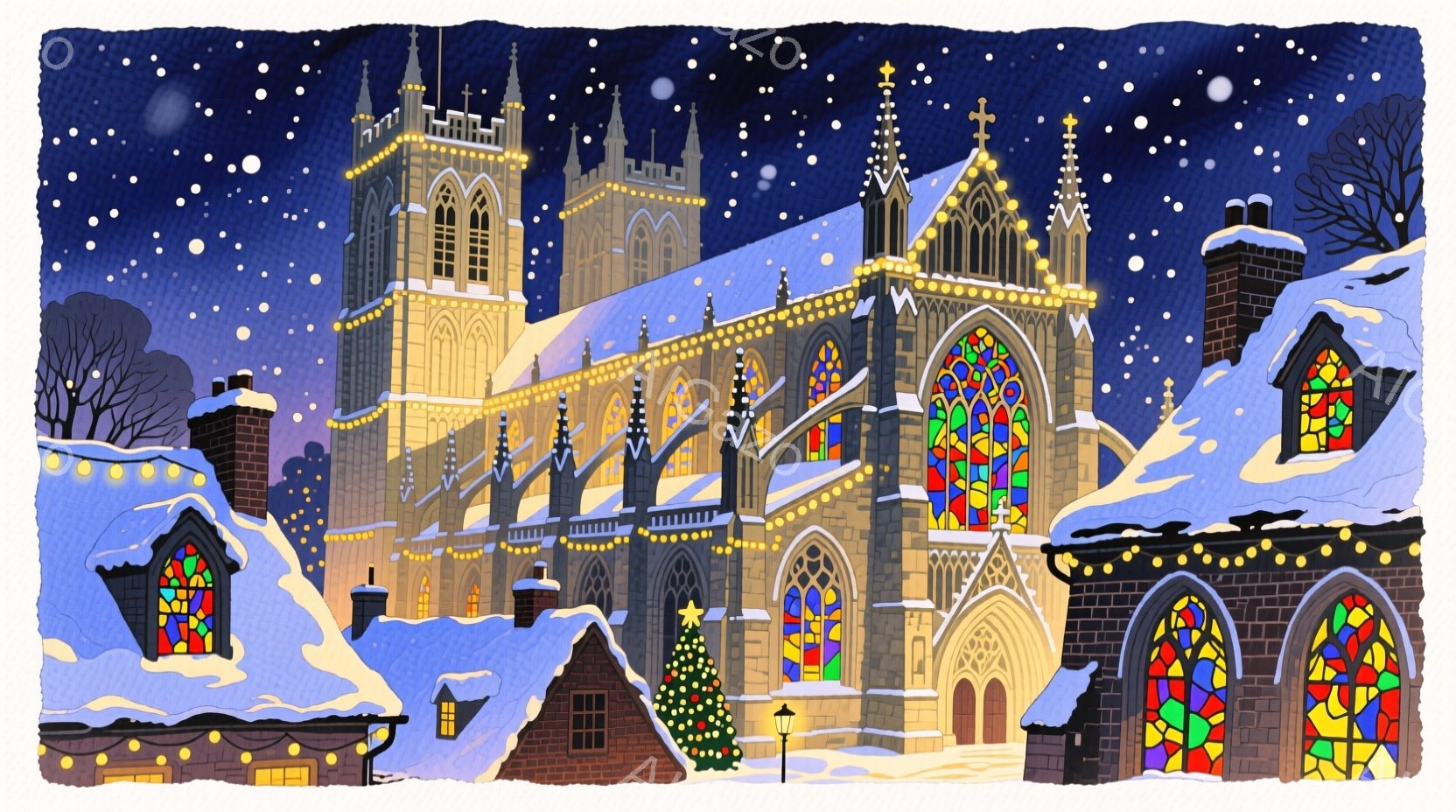 雪に覆われた街並みに、ゴシック様式の壮大な教会がそびえ立っています。教会の尖塔やアーチには美しいステンドグラスが輝き、建物全体が温かい光で彩られています。雪の降る夜、静かで幻想的な雰囲気が漂い、クリス - AI生成フリー素材