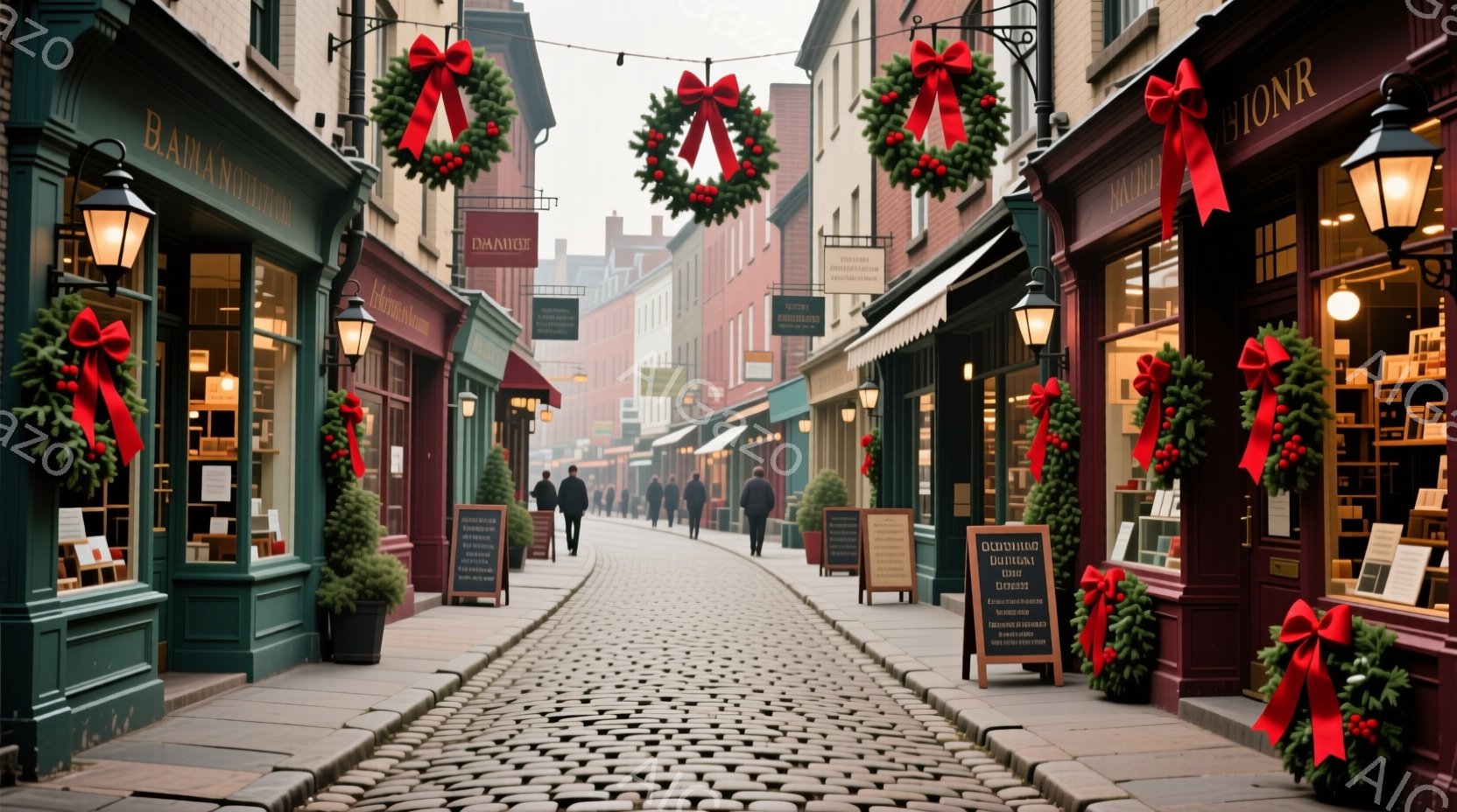 石畳の道が続く街並みで、両脇には装飾されたクリスマスリースが飾られた店が並んでいる。歩行者たちは冬のコートを着て、遠くの建物へと歩いており、表情ははっきりと見えないものの、落ち着いた雰囲気が漂っている - AI生成フリー素材