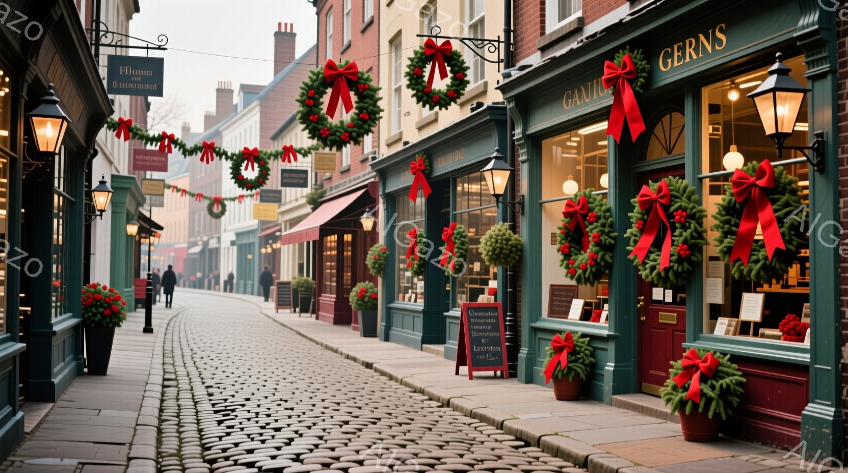 石畳の道沿いに緑と赤の装飾が施された建物が並び、クリスマスの雰囲気が漂う通りです。遠くに見える人物はコートを着て歩いており、冬の寒さを感じさせます。建物には「Gerns」や「Flamme」といった看板 - AI生成フリー素材