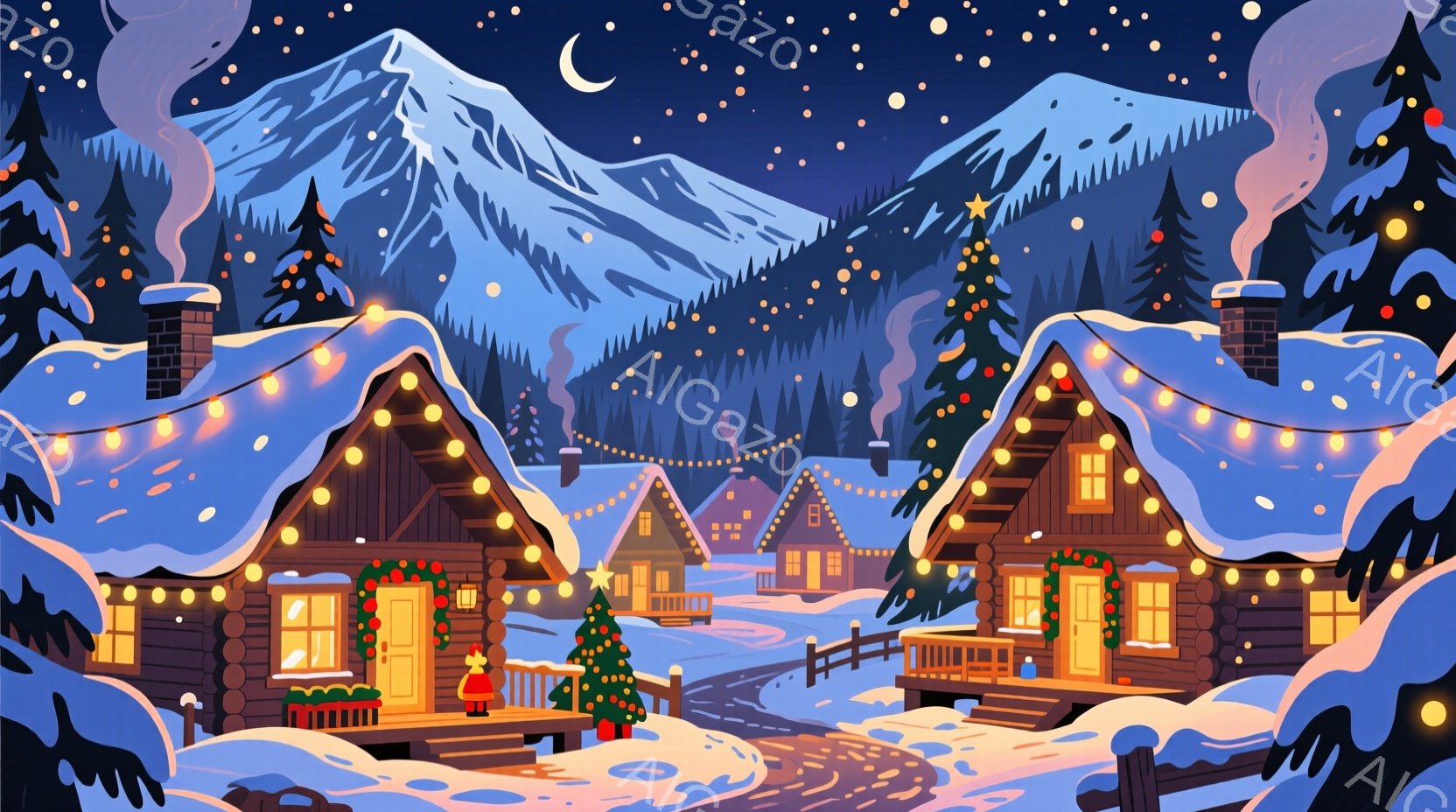 雪に覆われた木造の家々が並び、クリスマスの飾り付けが施されている。遠景には雪山がそびえ立ち、夜空には星と月が輝き、暖かく幻想的な冬の雰囲気を醸し出している。家々の煙突からは湯気が立ち上り、温かい光が灯 - AI生成フリー素材