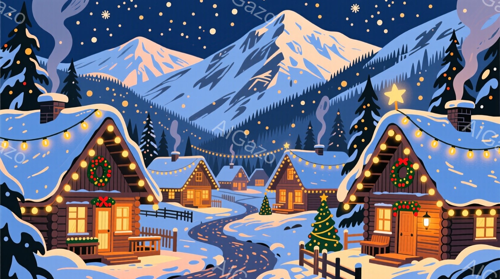 雪に覆われた山々に囲まれた、温かい光を放つロッジが並ぶ冬の風景です。各ロッジはクリスマス装飾が施され、暖炉から立ち上る煙が暖かな雰囲気を醸し出しています。雪道とクリスマスツリーが、ロマンチックで平和な - AI生成フリー素材