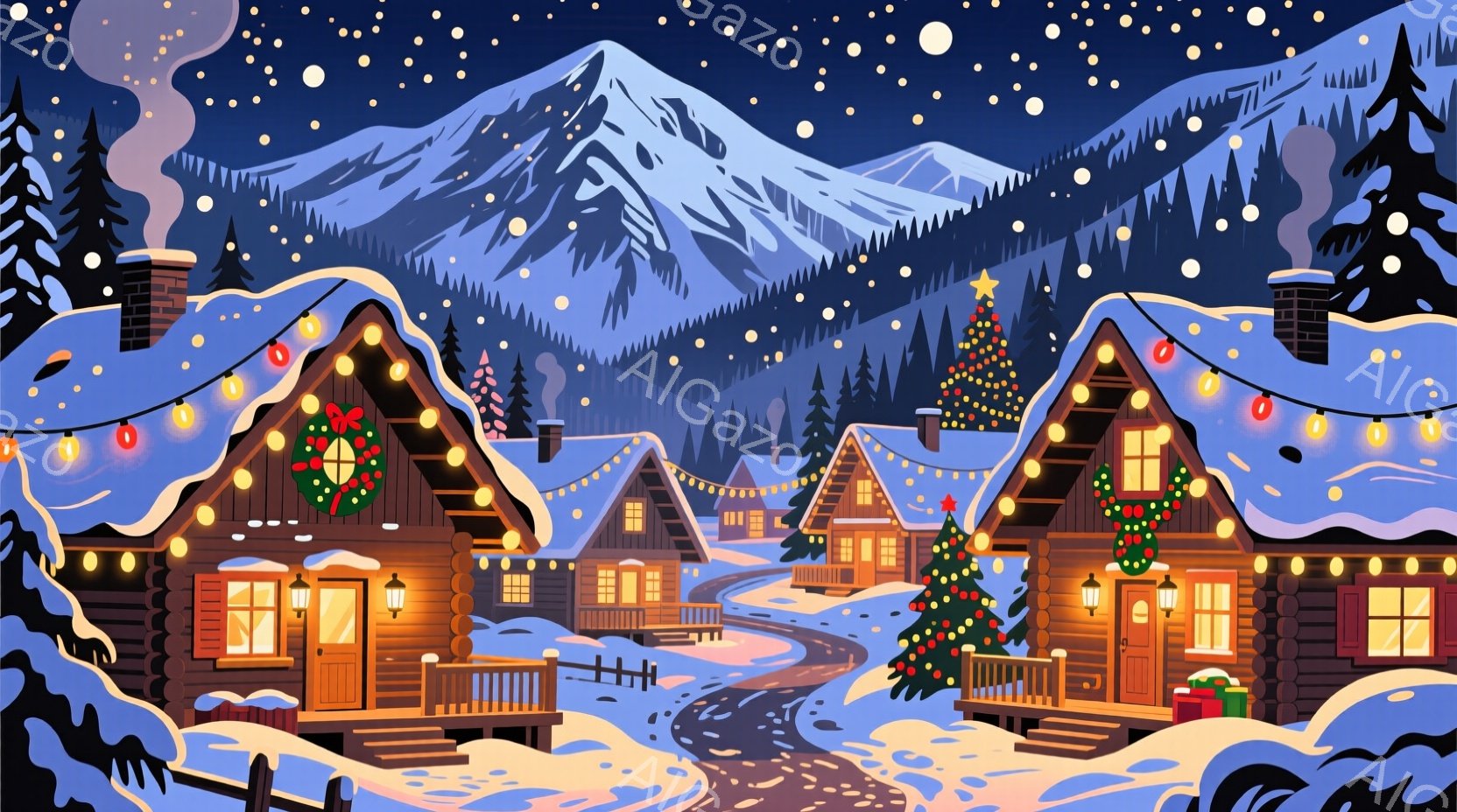 雪深い山間の小さな村が描かれており、暖炉から煙が立ち上るログハウスが並んでいます。各家はクリスマスイルミネーションで飾られ、正面にはクリスマスツリーが飾られています。雪景色と温かい光が、静かで心安らぐ - AI生成フリー素材