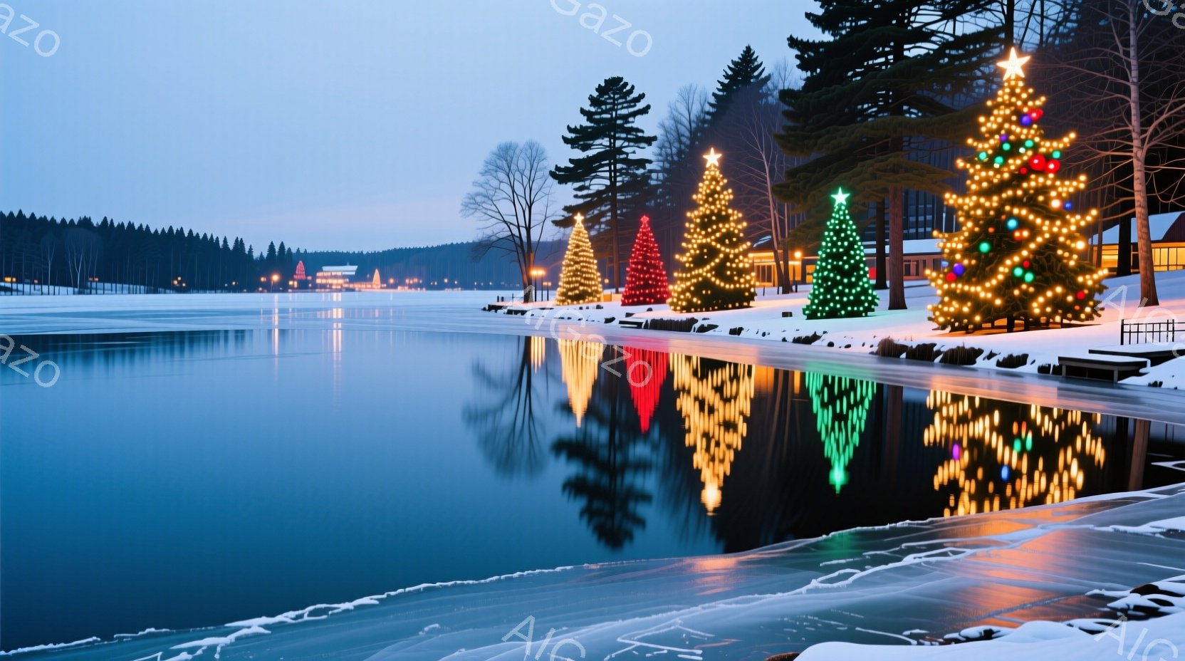 凍てつく湖畔に、色とりどりのイルミネーションで飾られたクリスマスツリーが並んでいる。湖面は鏡のように静かで、ツリーの光を鮮やかに映し出し、遠景には雪に覆われた建物と木々が広がっている。全体的に静かで幻 - AI生成フリー素材