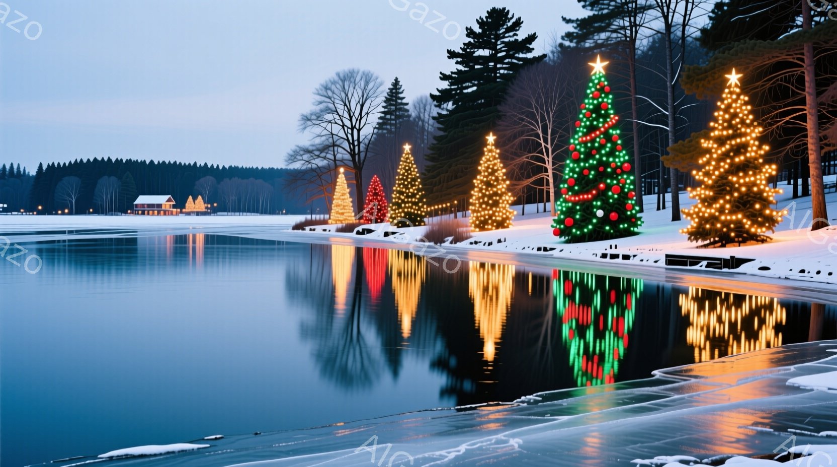 凍った湖畔に、色とりどりのイルミネーションで飾られたクリスマスツリーが並んでいる。湖面にはツリーの光が映り込み、幻想的な雰囲気を醸し出している。背景には雪に覆われた森林と、遠くに見える小さな建物があり - AI生成フリー素材