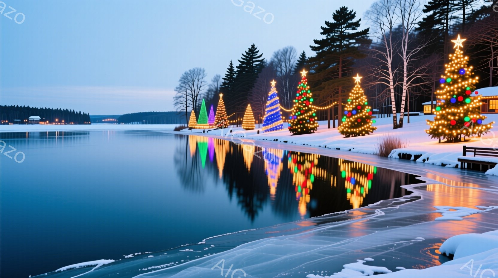 凍った湖のほとりに、色とりどりのイルミネーションで飾られたクリスマスツリーが並んでいる。湖面は鏡のようにツリーの光を反射し、幻想的な雰囲気を醸し出している。背景には雪をまとった木々と、遠くに見える建物のシルエットが広がり、静かで穏やかな冬の風景を描いている。