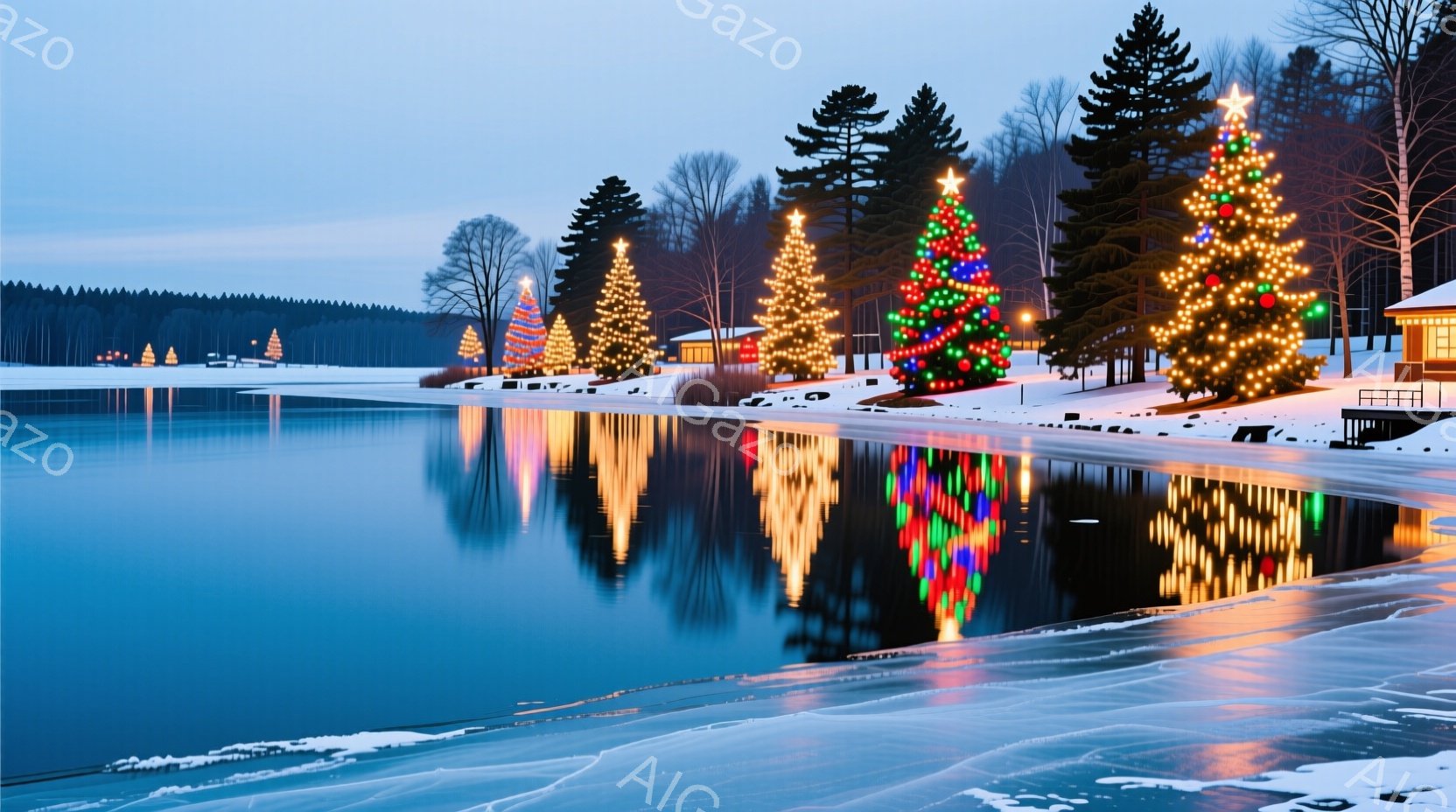 凍った湖畔に、色とりどりのイルミネーションで飾られたクリスマスツリーが並んでいる冬の風景です。ツリーの光は湖面に美しく反射し、幻想的な雰囲気を醸し出しています。背景には雪に覆われた木々と薄暗い空が広が - AI生成フリー素材