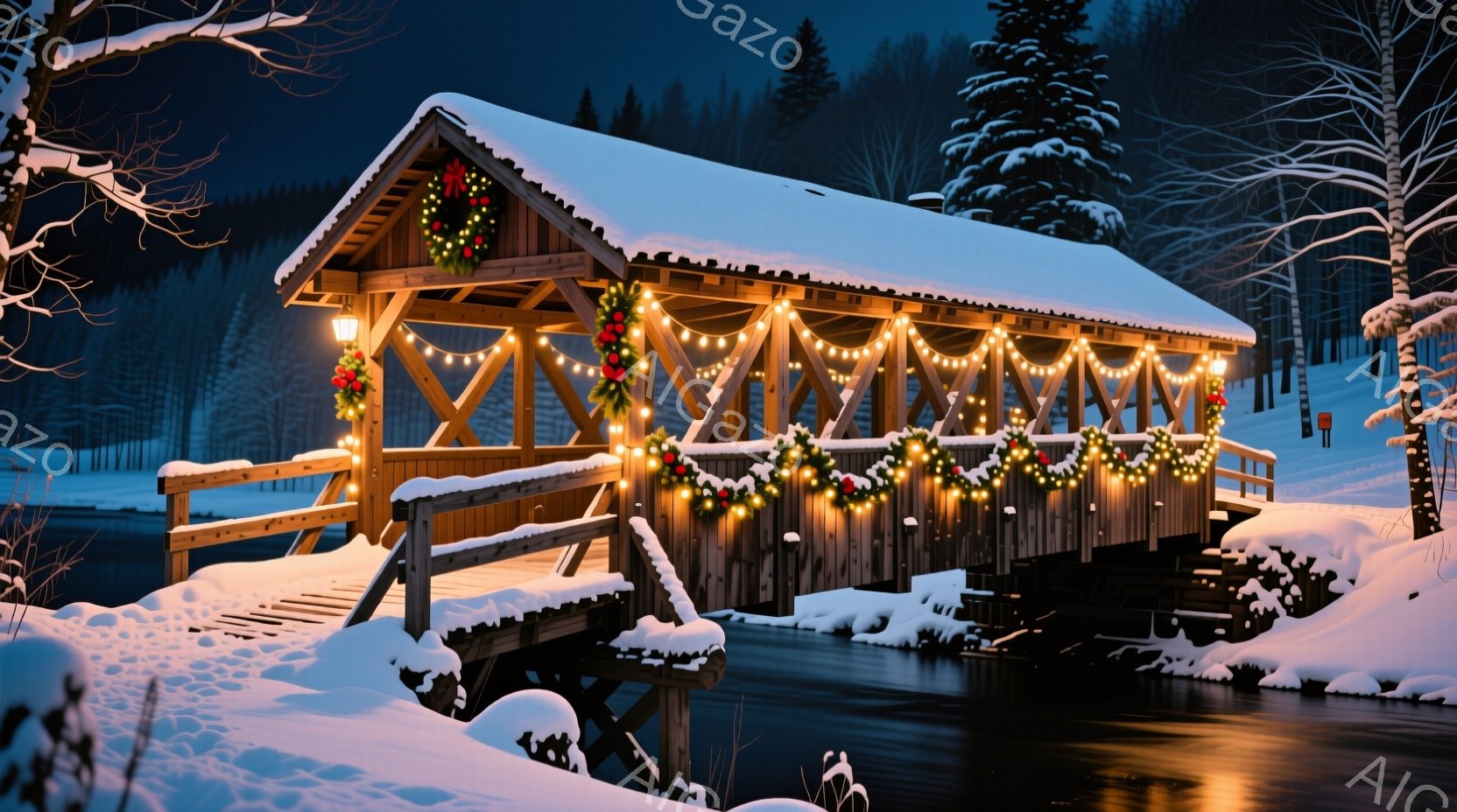 雪に覆われた風景の中に、クリスマス装飾が施された木造の橋が写っている。橋には、赤い実のついたリースや温かい光を放つ電飾が飾られ、冬の夜の暖かく幻想的な雰囲気を醸し出している。橋の下を流れる川は凍りかけ - AI生成フリー素材