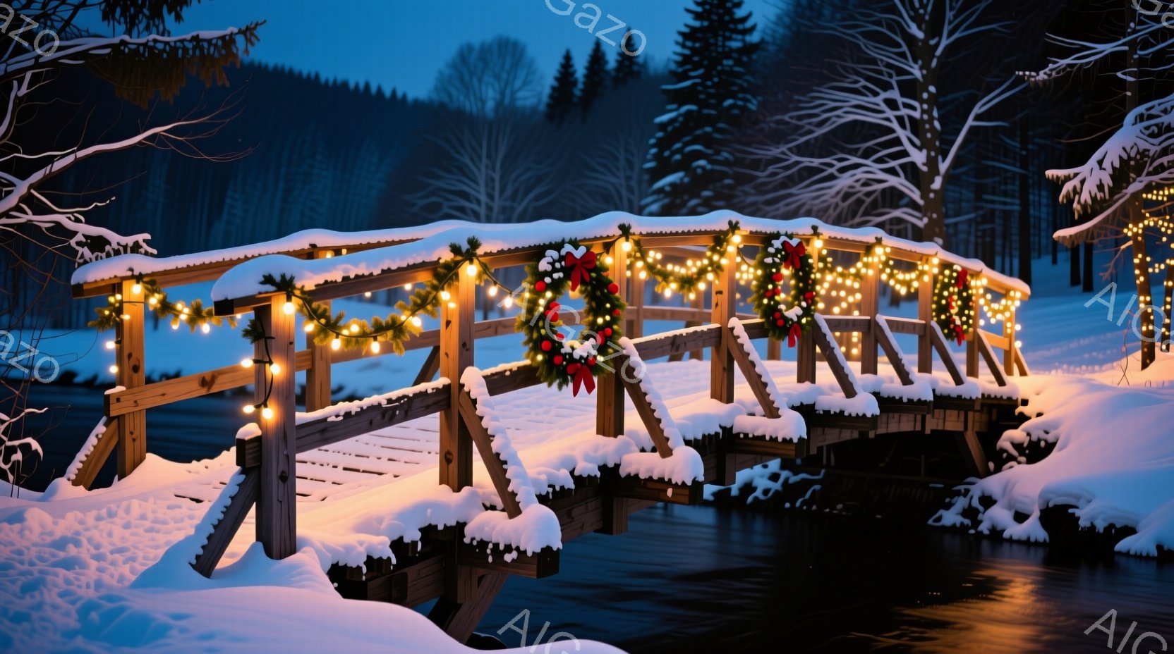 雪に覆われた木製の橋が、温かい光のイルミネーションと冬のリースで飾られています。背景には雪に覆われた木々が立ち並び、暗い空と雪景色が静かで穏やかな冬の雰囲気を醸し出しています。夜間の撮影で、雪と光のコ - AI生成フリー素材