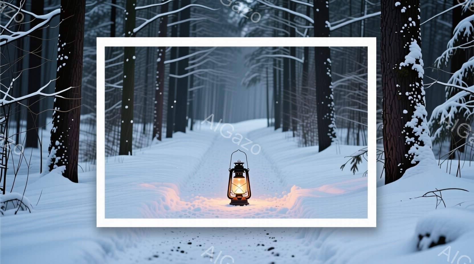 雪に覆われた森林の中を、光を放つランタンが照らし出す道が中央をまっすぐ走っている。雪は深く、木々は雪を被き、冬の静寂と厳しさを感じさせる。 ランタンの温かい光が、雪景色に暖かさと希望をもたらし、幻想的 - AI生成フリー素材