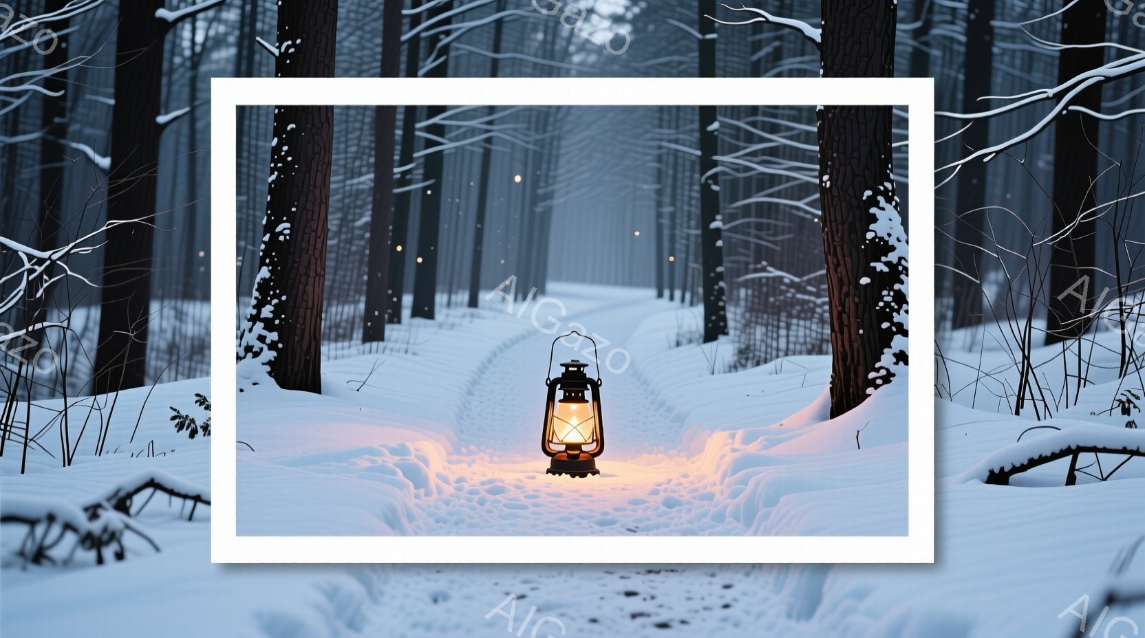 雪に覆われた森の中を、光を放つランタンが照らす道が続いている。深い雪は森の木々の間に積もり、ランタンの暖かな光が雪原に柔らかい影を落としている。全体的に静寂で幻想的な雰囲気が漂い、冬の森の神秘的な美し - AI生成フリー素材