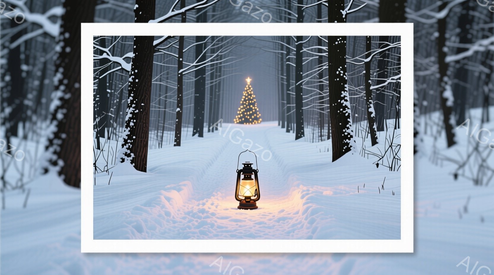 雪に覆われた森林の中を、光を灯したランタンが照らす道が続いている。遠くにはクリスマスツリーのような光が見え、幻想的な雰囲気を醸し出している。全体的に寒々とした冬の風景だが、暖かな光が希望を感じさせる美 - AI生成フリー素材
