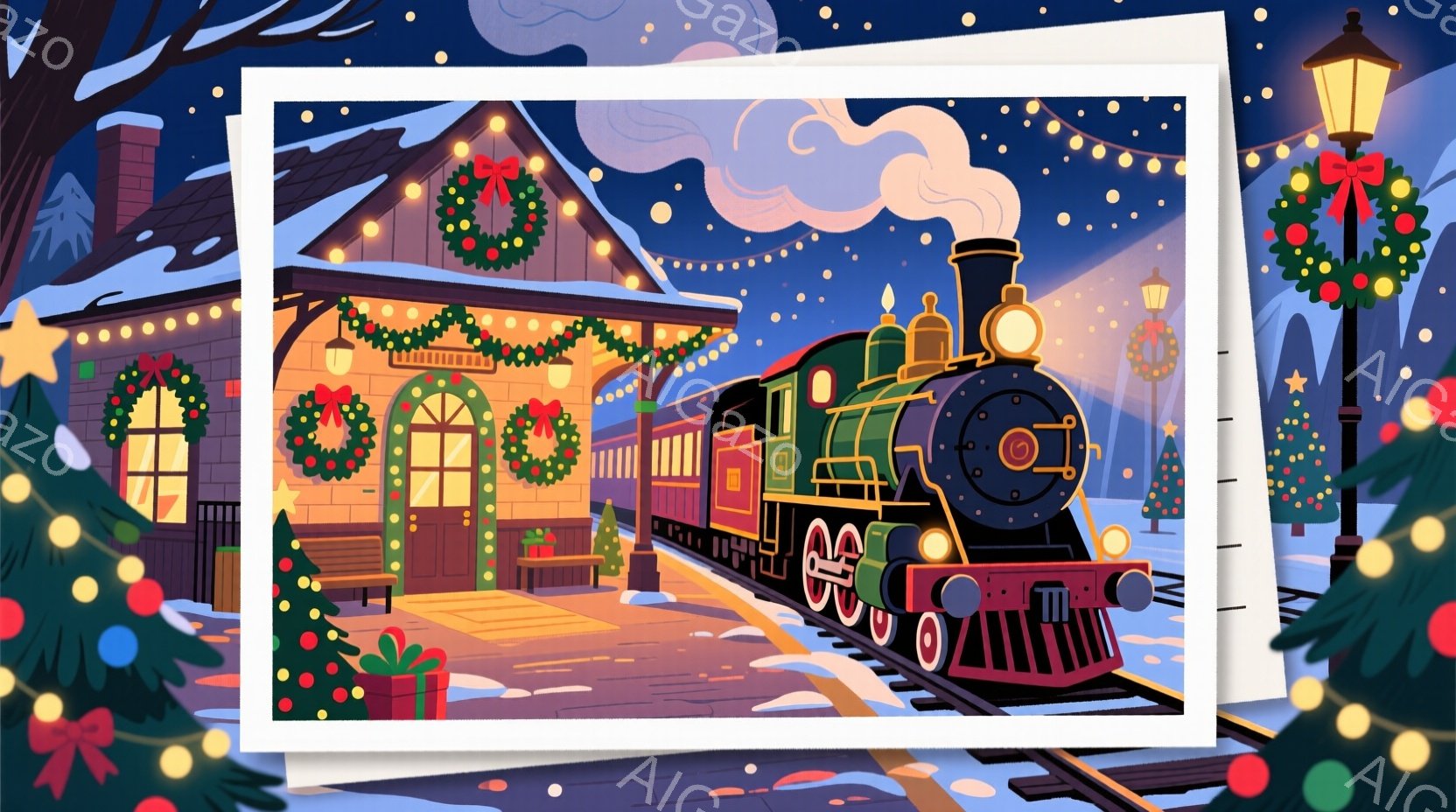 雪が降り積もるクリスマスの駅舎が描かれています。飾り付けられたクリスマスツリーやプレゼントの箱、駅舎にかけられたイルミネーションが華やかさを添えています。蒸気機関車が雪の中を走り去り、温かい光とクリス - AI生成フリー素材