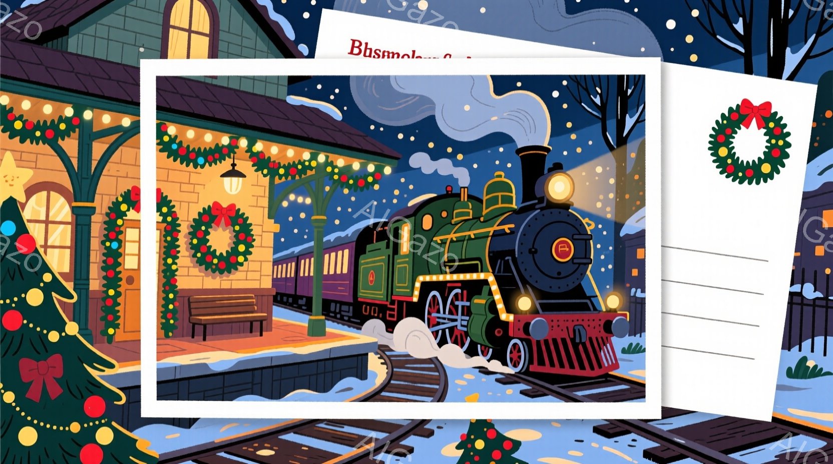 クリスマスの装飾が施されたプラットフォームに停車している緑色の蒸気機関車を描いています。雪が降る中、機関車は赤い装飾が施された客車を引いており、背景には雪に覆われた木々が見えます。全体的に、温かく、祝 - AI生成フリー素材