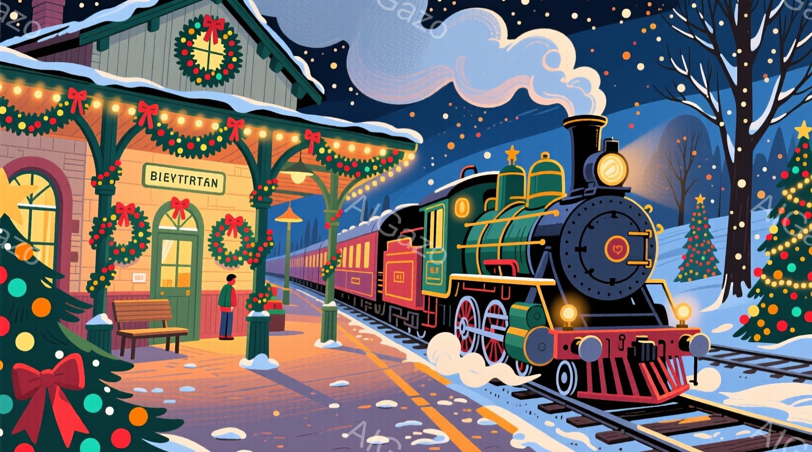 雪が降り積もるクリスマスの駅に、蒸気機関車が到着しようとしています。駅舎はクリスマスリースや装飾で飾られ、ホームには赤いコートを着た一人の男性が立っており、列車を見送っているようです。背景には雪に覆わ - AI生成フリー素材
