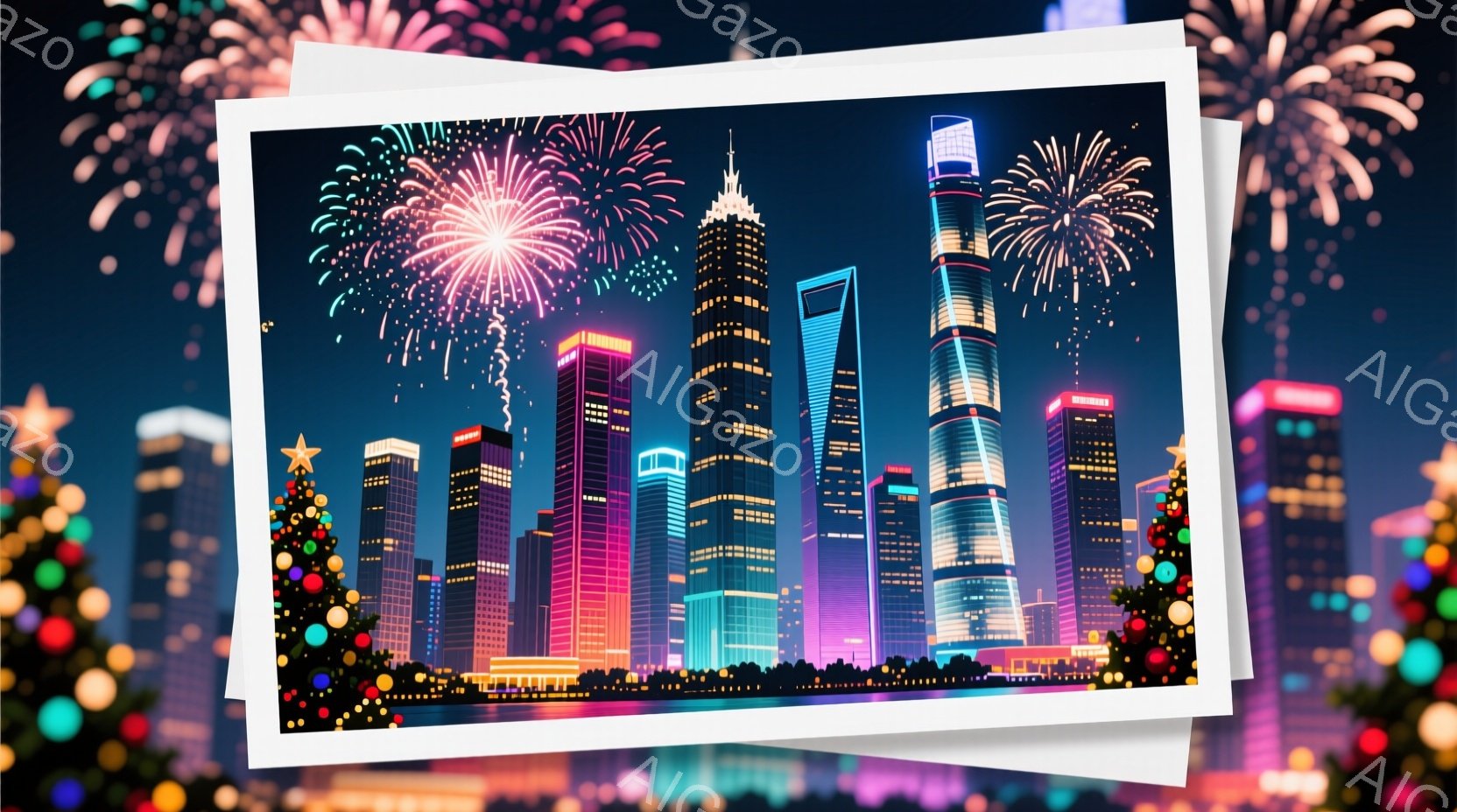 上海の夜景が広がり、高層ビル群がネオンライトで輝いている。クリスマスツリーが左下に配置され、背景には花火が夜空を彩り、華やかな雰囲気を演出している。全体的に、都市のきらびやかさとクリスマスの温かさが融合した、祝祭的な印象を受ける。