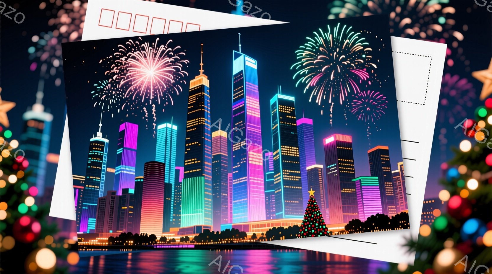ネオンカラーで輝く高層ビル群が夜空を彩り、その背景には花火が打ち上げられています。水面には都市の光が反射し、クリスマスツリーが点在する岸辺が美しいコントラストを生み出しています。全体的に、華やかで幻想 - AI生成フリー素材