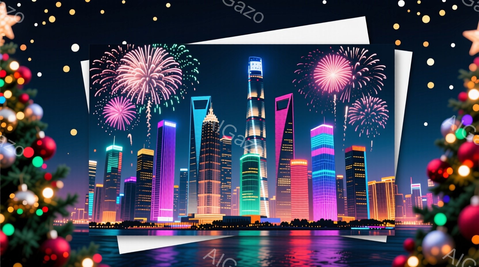 夜の上海のスカイラインが、ネオンライトで鮮やかに輝いている。高層ビル群はピンク、紫、青などの色で彩られ、水面に美しい反射を作り出している。空には花火が打ち上げられ、華やかで幻想的な雰囲気を醸し出している。