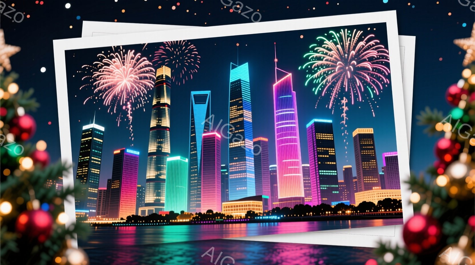 夜の上海のスカイラインを描いており、カラフルな光で照らされた高層ビル群が印象的です。水面には光が反射し、背景には花火が打ち上げられ、華やかな雰囲気を醸し出しています。全体的に、未来的な都市の活気と夜の美しさが強調されています。