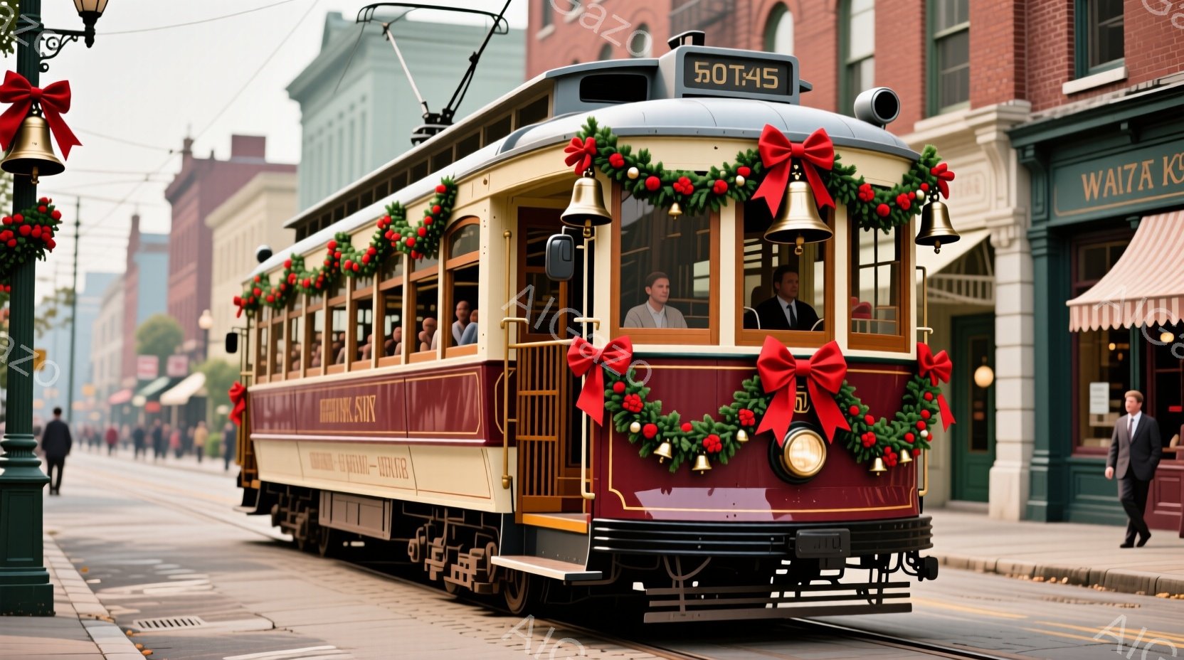 鮮やかな赤と金色の装飾が施された路面電車が、石畳の通りを走っている。電車の乗客はクラシックな服装で、フォーマルな雰囲気を醸し出しており、背景には古いレンガ造りの建物が並び、どこか懐かしい時代を感じさせる。空は曇り空で、落ち着いた雰囲気が漂い、クリスマスの装飾が華やかさを添えている。
