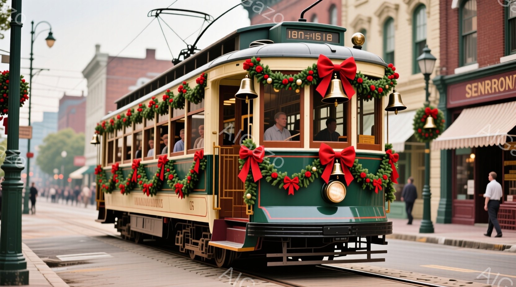装飾された緑色の路面電車が、歴史的な街並みを走っています。車両にはクリスマスリースや赤いリボンが飾られ、運転席には帽子をかぶった男性がいます。背景にはレンガ造りの建物が並び、冬の曇り空の下、穏やかで祝祭的な雰囲気が漂っています。