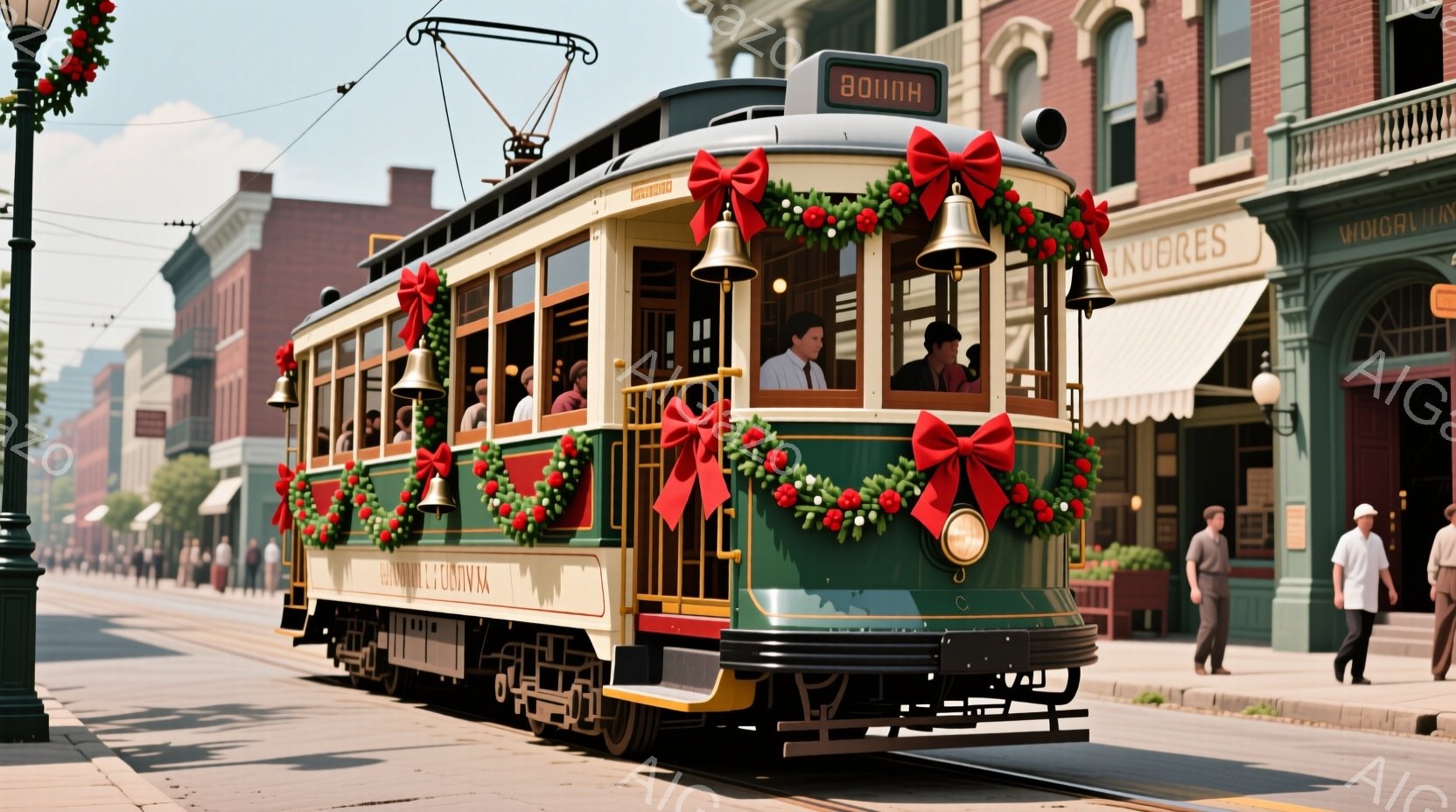 緑とクリーム色の装飾が施された路面電車が、クリスマスのリースと赤いリボンで飾られています。運転席には帽子をかぶった男性がおり、窓からは数人の乗客が見えます。背景には、古い様式の建物が並び、晴れた空の下 - AI生成フリー素材