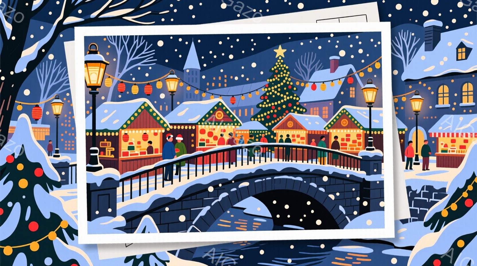 雪が降る幻想的な冬の風景で、アーチ状の橋の上にはクリスマスのマーケットが並んでいます。人々は冬のコートや帽子を身につけ、温かい飲み物を片手に楽しそうにマーケットを散策しており、建物はカラフルな装飾で飾 - AI生成フリー素材