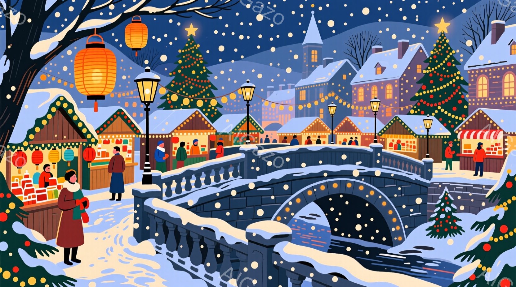 雪が降り積もる幻想的な冬の風景が描かれている。石造りのアーチ橋の上には人々が立ち、市場の屋台が並び、暖かな光が灯っている。背景には可愛らしい建物やクリスマスツリーが並び、冬の夜の温かく、お祭り気分な雰 - AI生成フリー素材