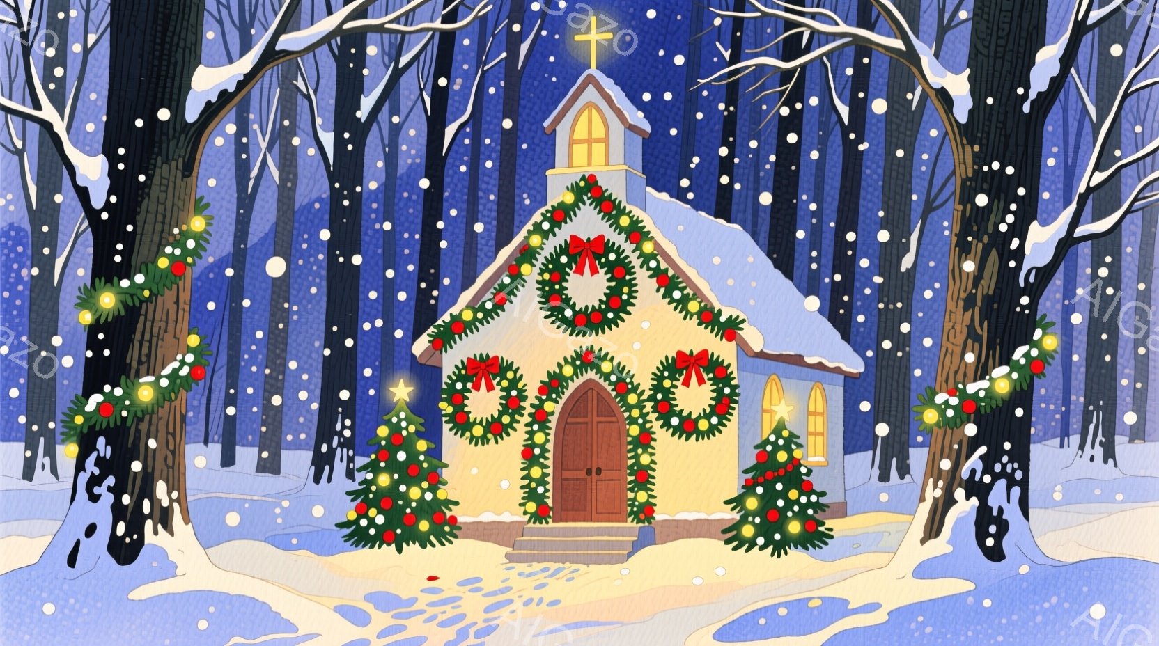 雪が降る森の中に、白い教会が描かれています。教会の入り口と窓にはクリスマスリースが飾られ、正面にはクリスマスツリーが置かれています。雪景色と装飾が、温かく静かなクリスマスの雰囲気を醸し出しています。 - AI生成フリー素材