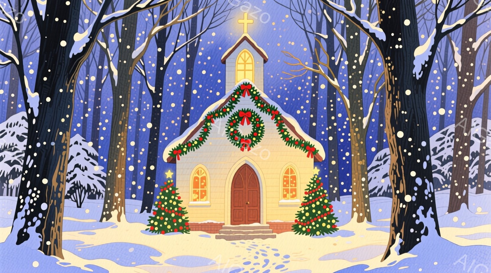 雪が降り積もる静かな森の中に、可愛らしい白い教会が建っています。教会の入り口にはクリスマスリースが飾られ、左右にはクリスマスツリーが置かれ、温かい光が窓から漏れています。全体的に、穏やかで幻想的な冬の - AI生成フリー素材