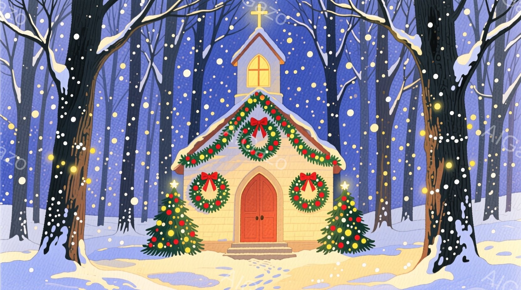 雪が降り積もる冬の森の中に、可愛らしい白い教会が建っています。教会の正面にはクリスマスリースが飾られ、両脇には飾り付けられたクリスマスツリーが置かれています。全体的に温かく、穏やかなクリスマスの雰囲気 - AI生成フリー素材