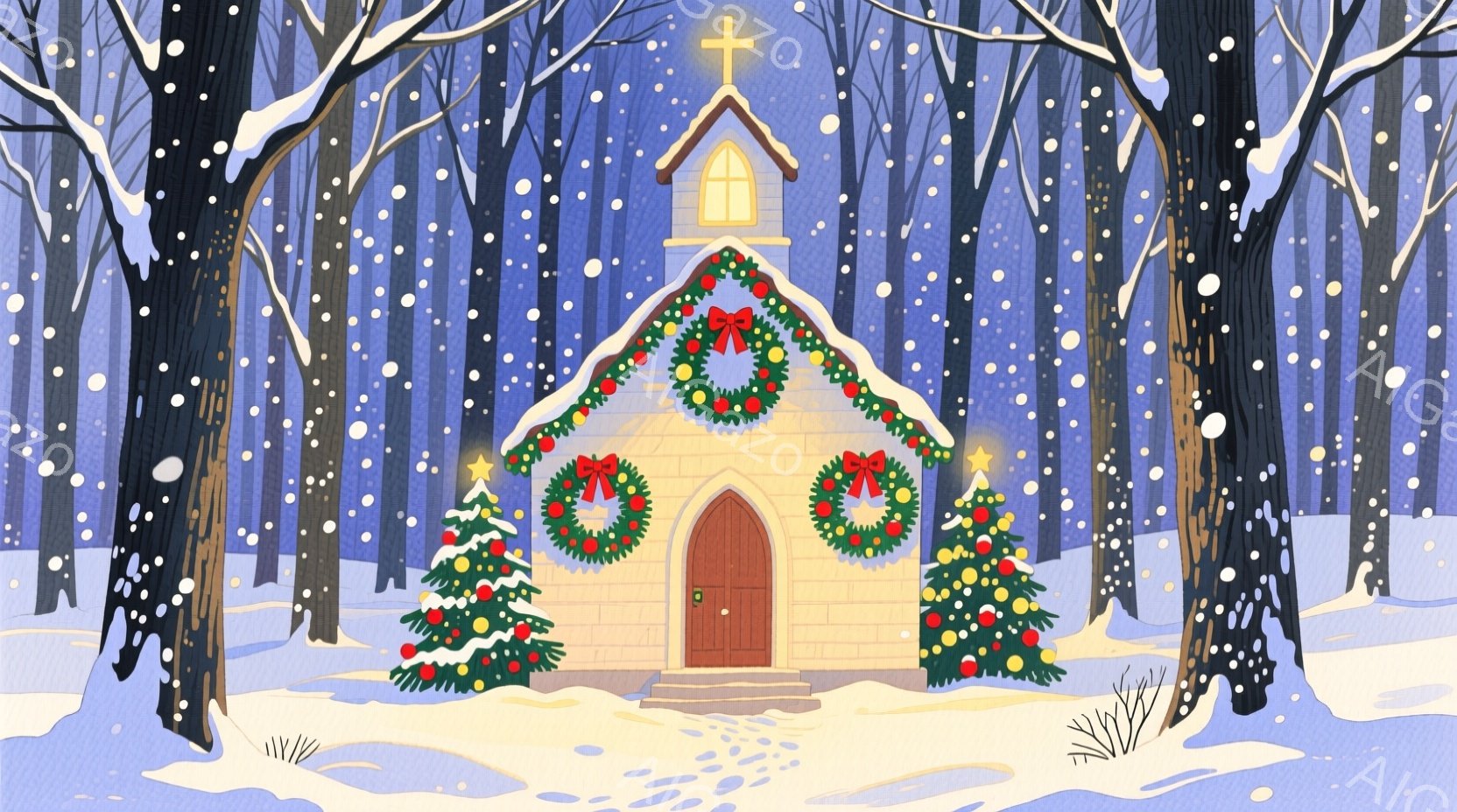 雪が降り積もる森の中に、可愛らしい白い教会が描かれています。教会の入り口と窓にはクリスマスリースが飾られ、両脇には飾り付けられたクリスマスツリーが置かれています。全体的に暖かく、穏やかで、クリスマスの - AI生成フリー素材
