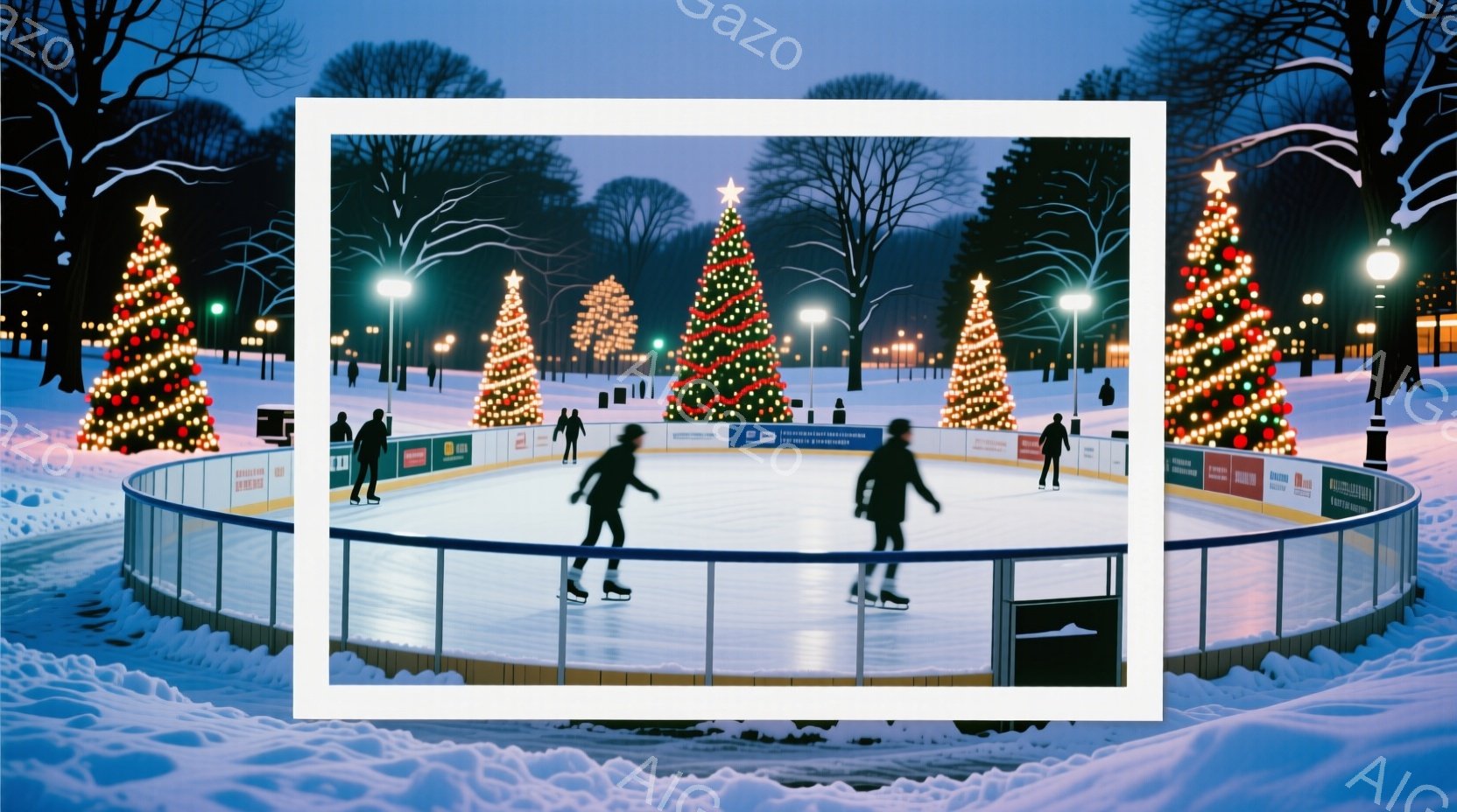 凍てつく冬の夜、スケートリンクで人々が楽しそうに滑っている様子が描かれている。リンクの周囲には色とりどりのクリスマスツリーが立ち並び、暖かい光を放っている。雪景色とイルミネーションが織りなす幻想的な雰 - AI生成フリー素材