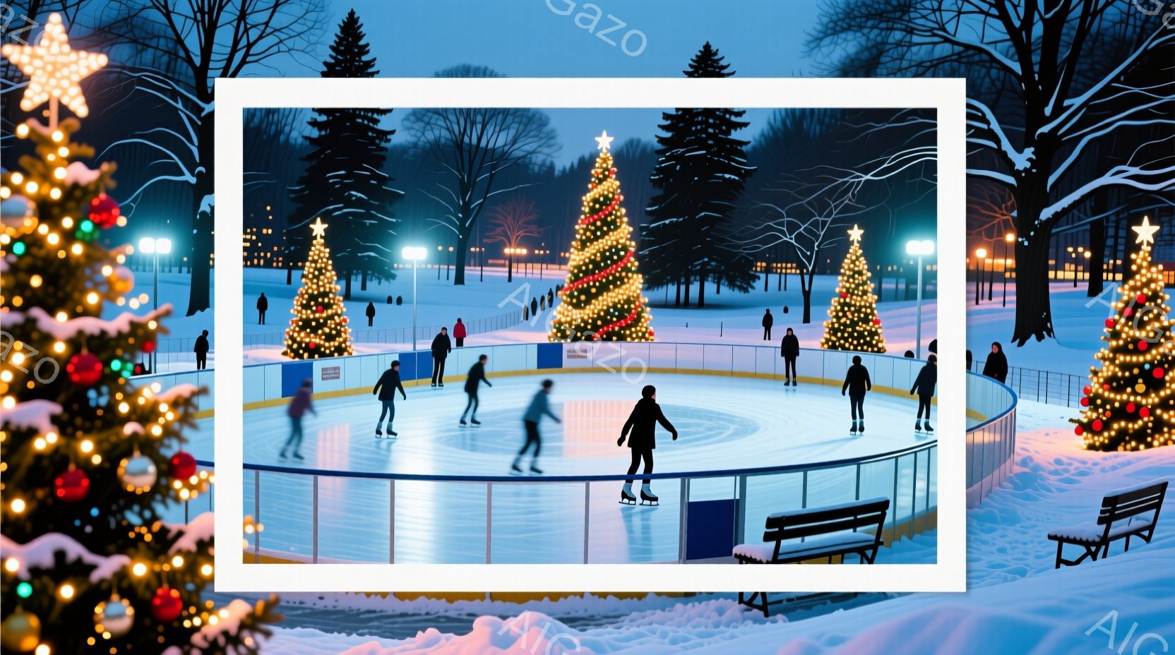 凍てつくような冬の風景の中で、多くの人々がアイススケートを楽しんでいる。彼らは冬の服装で、暖かく身を包み、滑らかな氷上を優雅に滑っている。背景には、明るいイルミネーションで飾られたクリスマスツリーが立ち並び、冬の夜の魔法のような雰囲気を醸し出している。