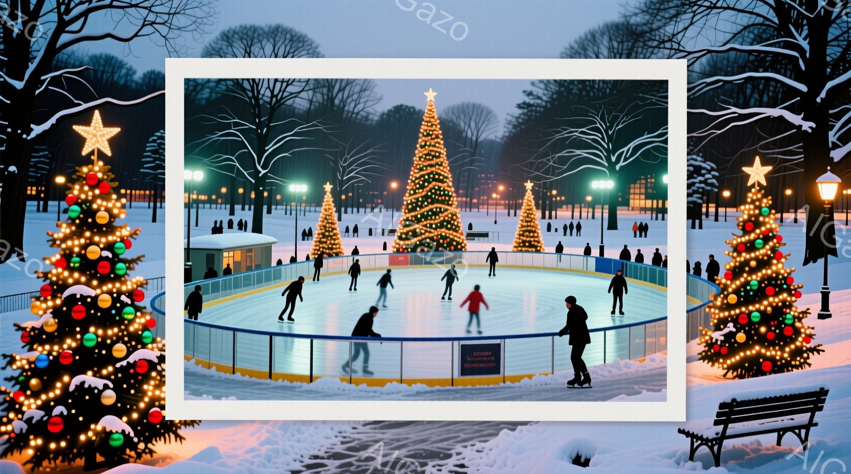 雪に覆われた公園で、多くの人々がアイススケートを楽しんでいる様子が描かれています。人々は冬の装いで、様々な姿勢でスケートをしており、楽しそうな雰囲気です。背景には、イルミネーションで飾られたクリスマス - AI生成フリー素材
