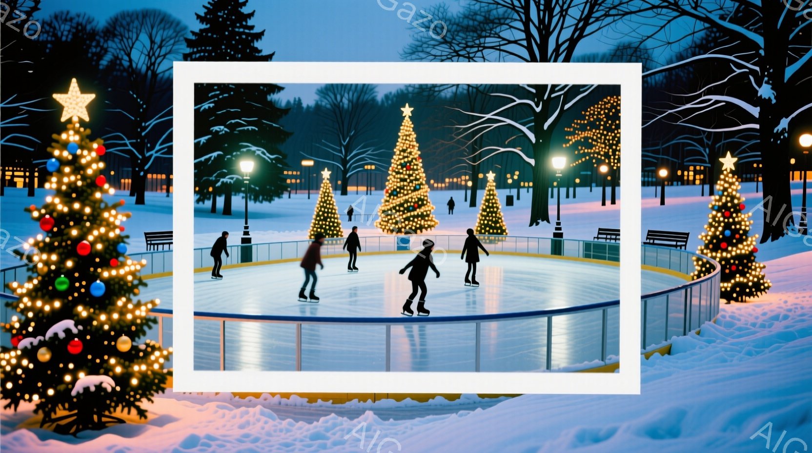 雪景色の中にアイススケートリンクが広がり、数人の人々が楽しそうに滑っている。彼らは黒い冬服を着ており、動きのあるポーズで活気に満ちた様子が伺える。背景には、イルミネーションで飾られたクリスマスツリーが - AI生成フリー素材
