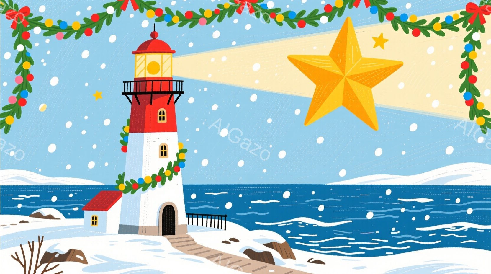 白い雪景色の中に、赤と白の縞模様の灯台がそびえ立っています。灯台の周りには、冬の植物や岩があり、遠くには青い海が広がっています。雪が舞い降りており、灯台には装飾が施され、温かく穏やかな冬の雰囲気を醸し - AI生成フリー素材