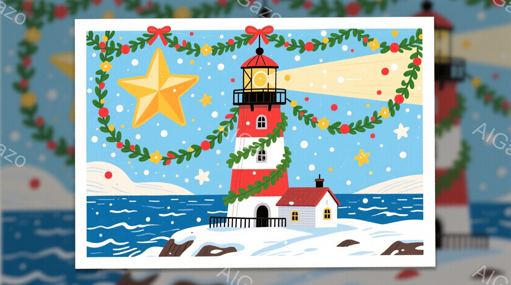 赤と白のストライプが特徴的な灯台が、雪に覆われた岩の上に建っています。背景には、穏やかな青い海と、雪が舞う冬の空が広がり、星やクリスマスの飾りで華やかさが添えられています。全体的に、温かく幻想的な冬の - AI生成フリー素材