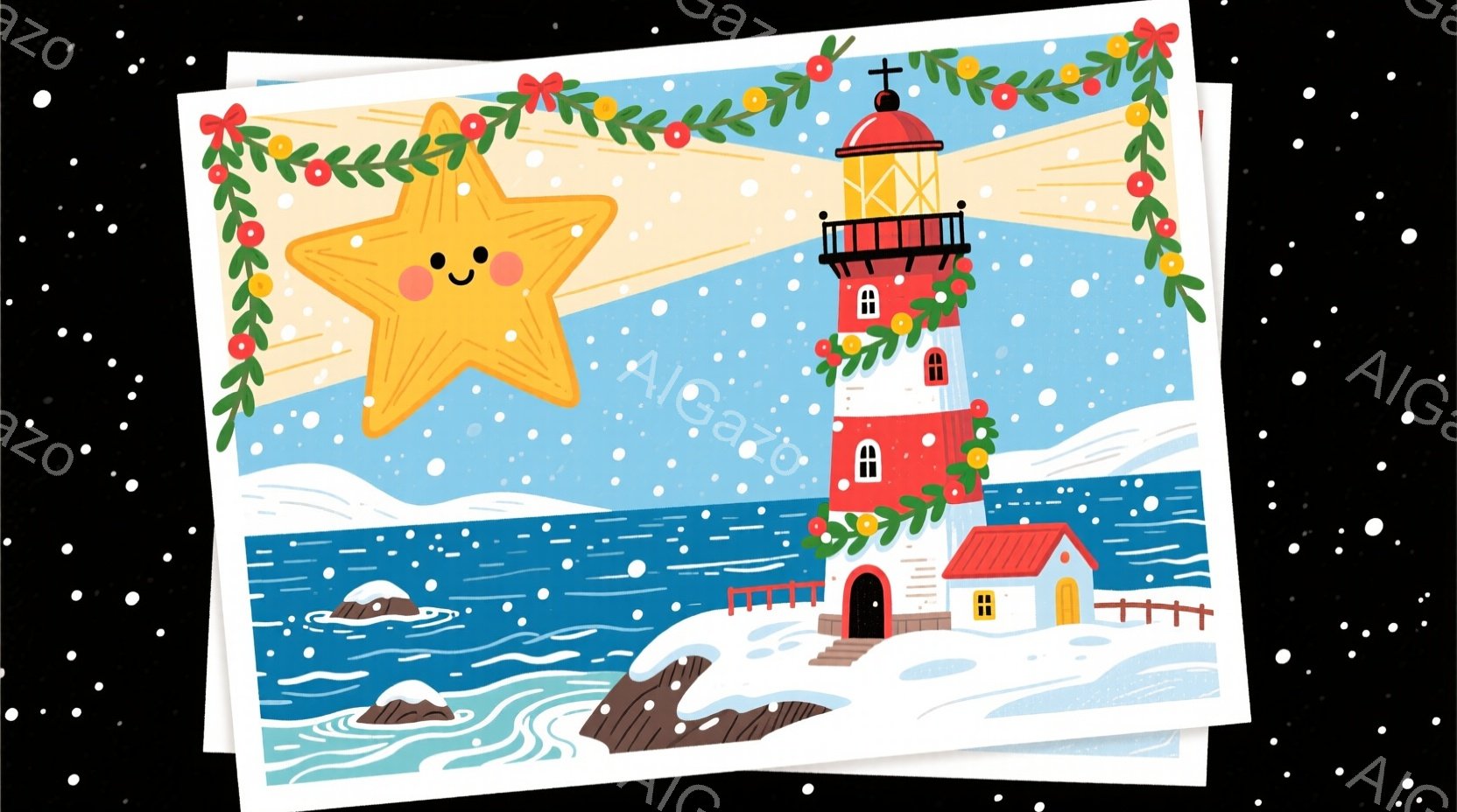 暖かい色合いの灯台が、雪と海を背景に描かれています。灯台は赤と白のストライプで、頂上に明かりが灯っており、周囲には雪が舞い、穏やかな冬の風景を表現しています。画面上部には、赤い実のついた緑のガーランド - AI生成フリー素材