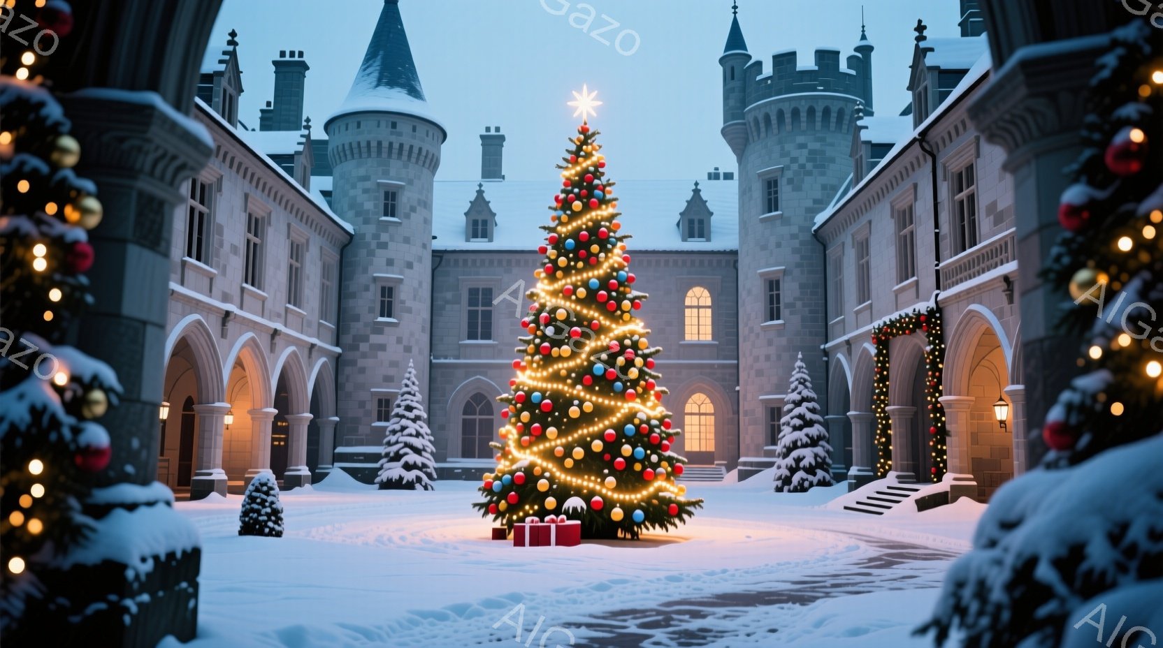 雪に覆われた広場の中央に、巨大なクリスマスツリーが輝いている。ツリーは様々な色のオーナメントと電飾で飾られ、足元にはプレゼントボックスが置かれている。背景には、アーチ状の回廊や塔を持つ壮大な建物が立ち - AI生成フリー素材