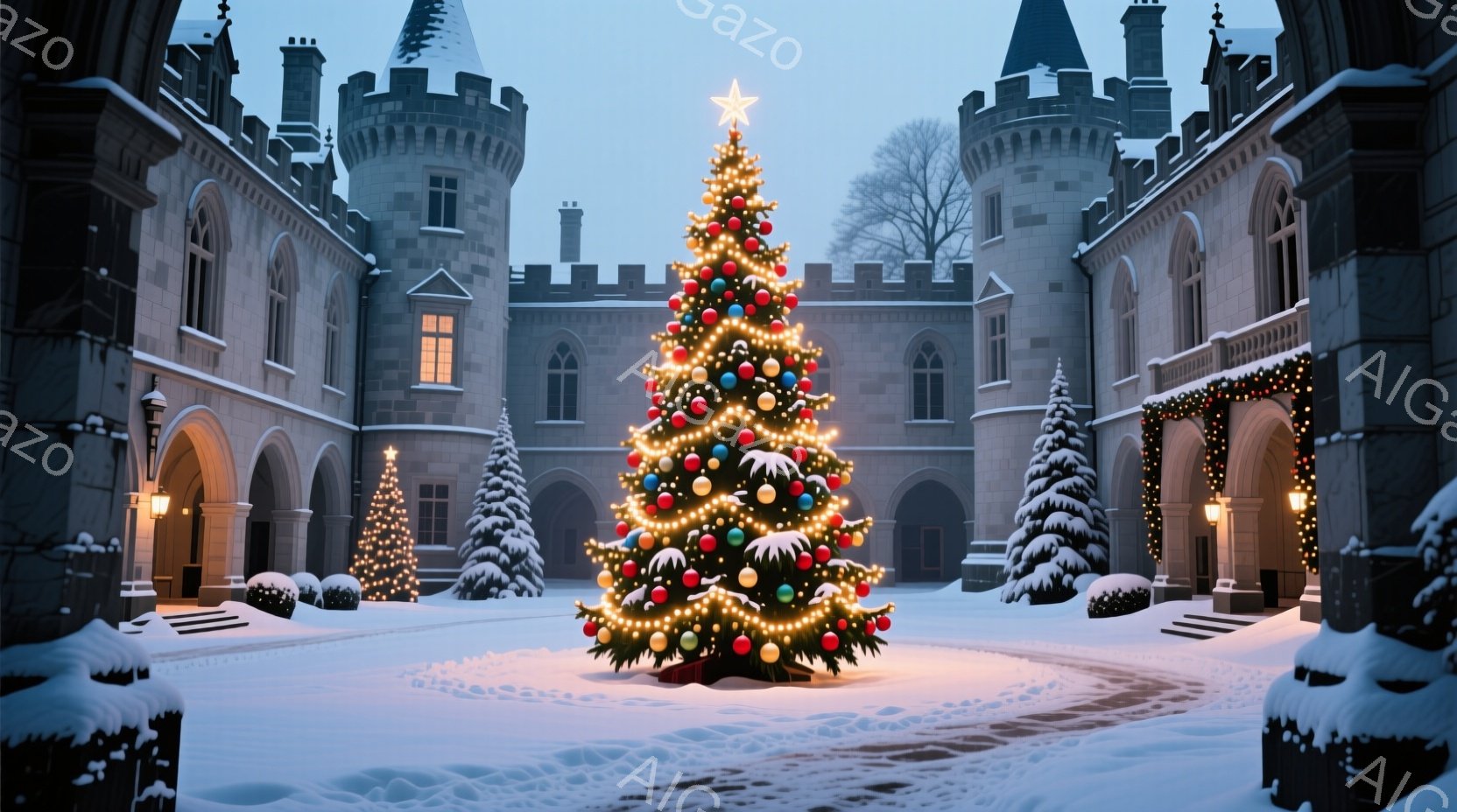 雪に覆われた城の中庭に、巨大なクリスマスツリーが飾られています。ツリーは様々な色のオーナメントと電飾で彩られ、頂上には星が輝いています。周囲には雪で覆われた常緑樹が点在し、建物はアーチ状の入り口で装飾 - AI生成フリー素材