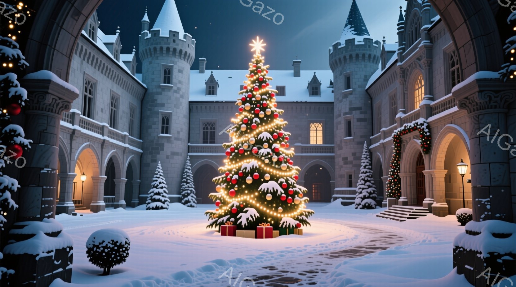 雪に覆われた城の中庭に、大きく飾られたクリスマスツリーがそびえ立っている。ツリーの下にはプレゼントの箱が置かれ、周囲には雪で覆われた木々と、輝くイルミネーションで飾られたアーチが広がっている。全体的に - AI生成フリー素材