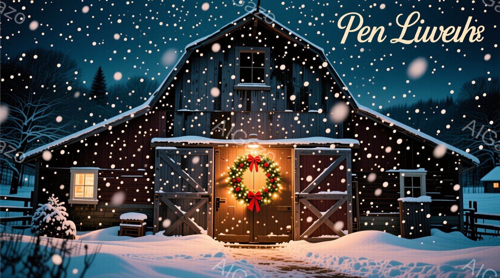 雪が降り積もる中、古い木造の納屋が温かい光で照らされている。納屋の大きな扉には、赤いリボンと松ぼっくりで飾られたクリスマスリースが飾られ、冬の暖かさと祝祭の雰囲気を醸し出している。背景には木々がシルエ - AI生成フリー素材