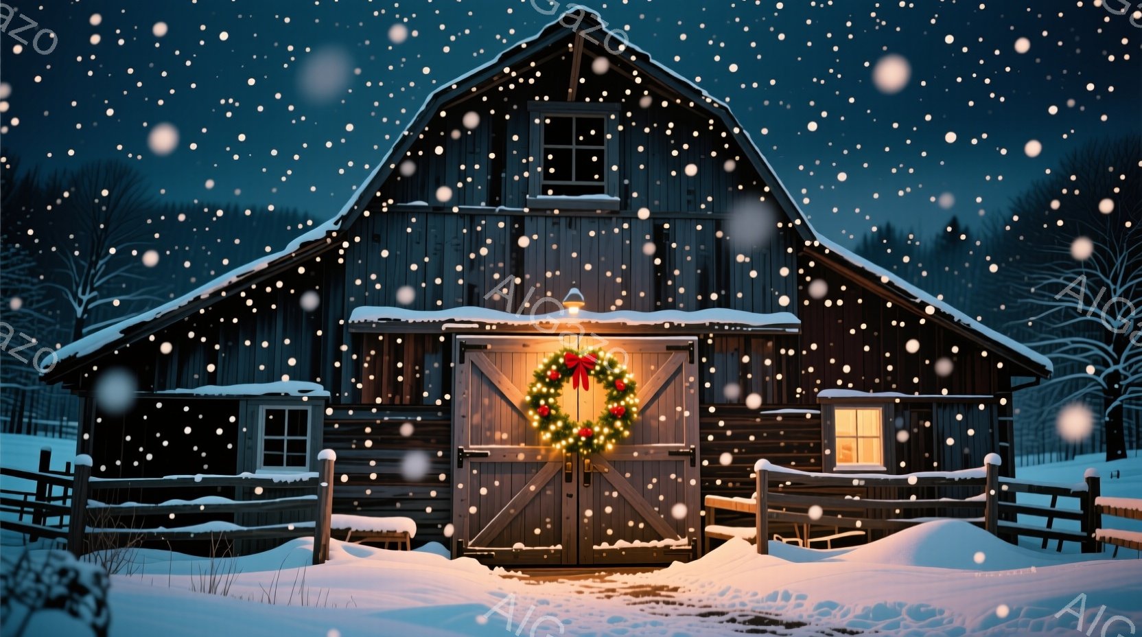 古びた木造の納屋が雪に覆われ、クリスマスのリースが正面の扉に飾られています。窓から暖かな光が漏れ出し、雪が降る夜の静寂と温かさを対比させています。周囲は雪景色で、納屋は白い風景の中に静かに佇んでいます - AI生成フリー素材
