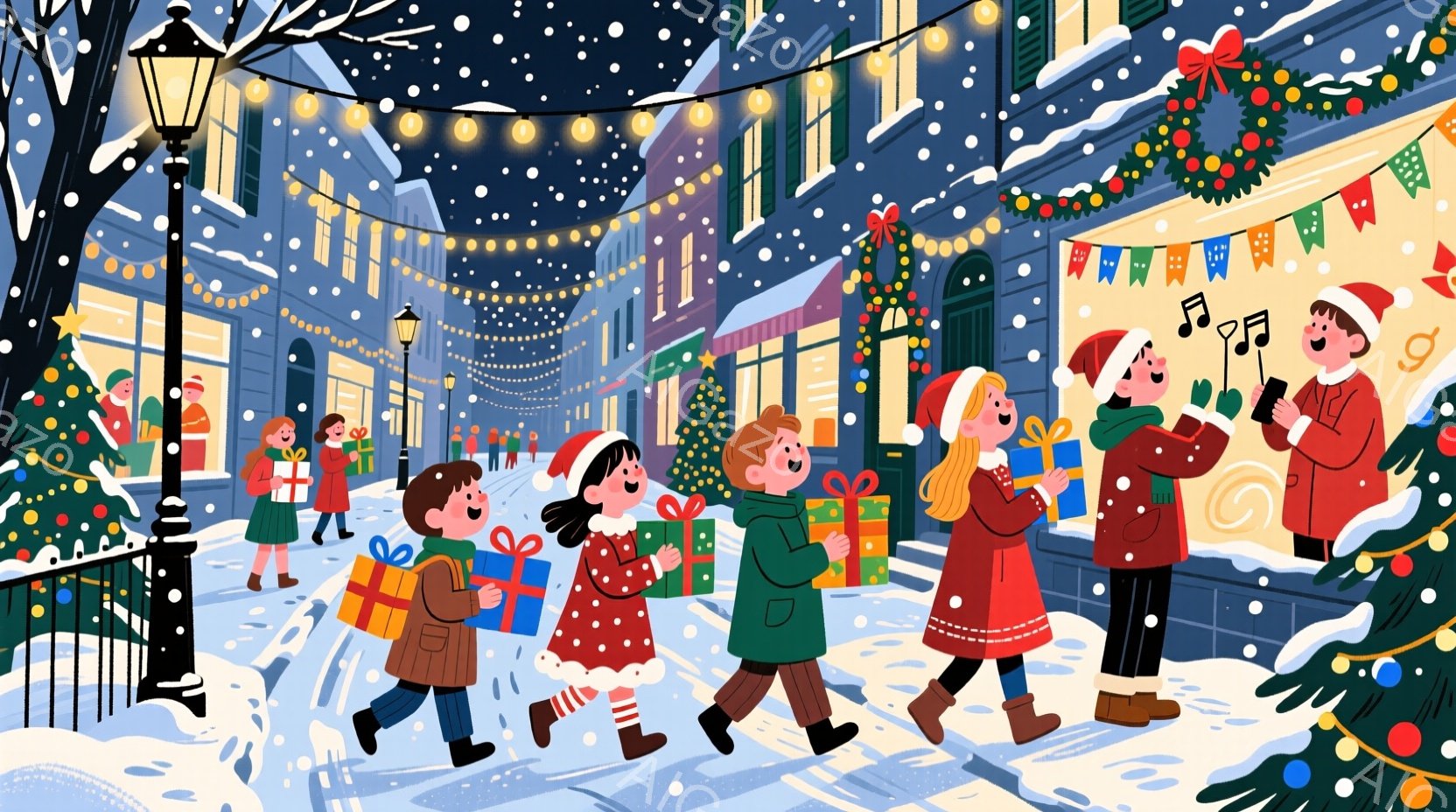 雪が降る街並みを、プレゼントの箱を抱えた人々が楽しそうに歩いている様子が描かれています。彼らは赤いコートや帽子を着用し、笑顔を浮かべており、活気に満ちたクリスマスの雰囲気が伝わってきます。背景には、飾 - AI生成フリー素材