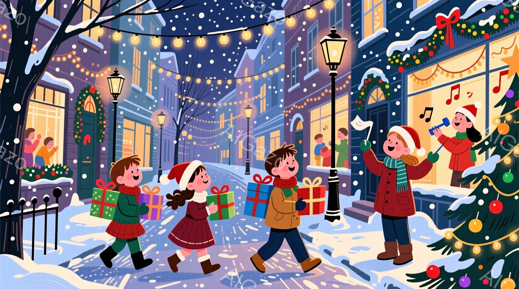 雪が舞う街並みを、プレゼントを抱えた子供たちが歩いているイラストです。子供たちは赤い帽子やマフラーを身につけ、笑顔で歩き、楽しそうな雰囲気が伝わってきます。背景にはクリスマス装飾が施された建物があり、 - AI生成フリー素材